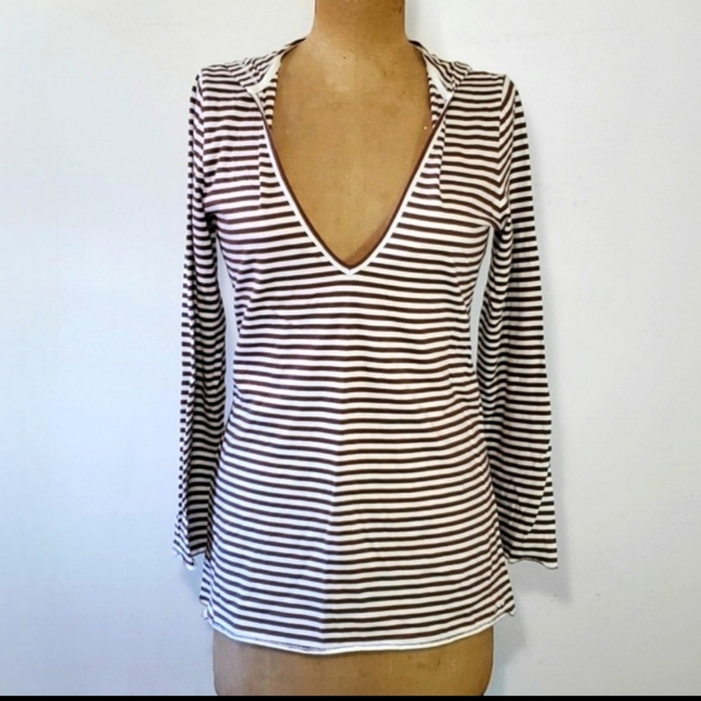 Izod Size M Top Long Sleeve T-Shirt Stripe Brown White Hooded Deep V Neck Layer